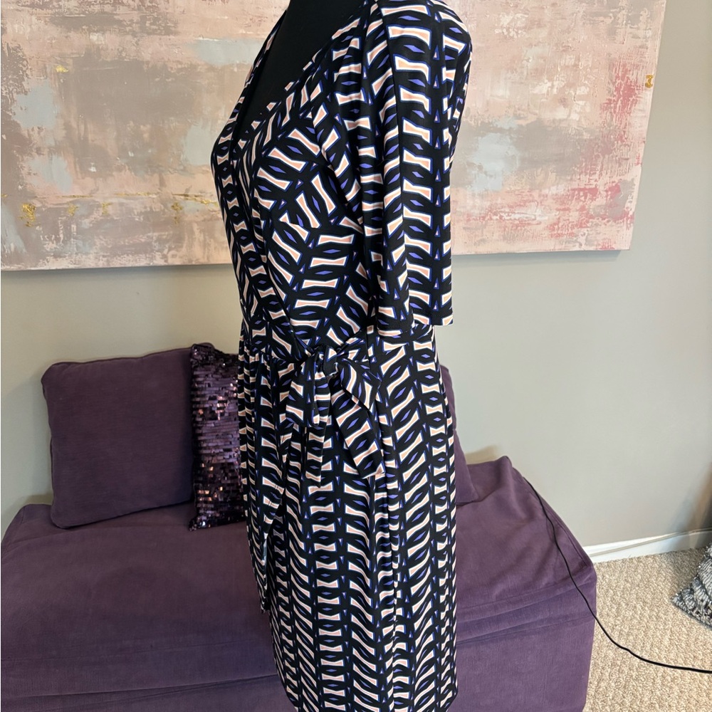 Evan Picone Black and White Sheath Midi Dress with V-Neck Faux‎ Wrap Dress S6 - Picture 3 of 10